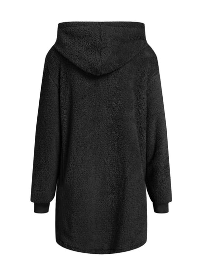 Fuzzy Pocketed Zip Up Long Sleeve Hooded Jacket