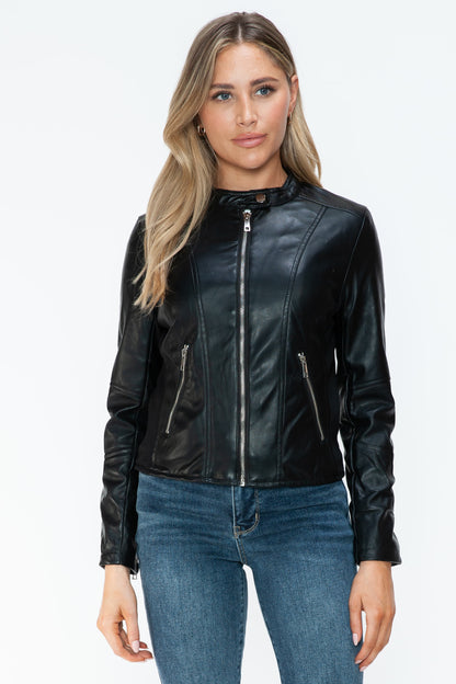 Snobbish PU Leather Zip Up Jacket with Pockets