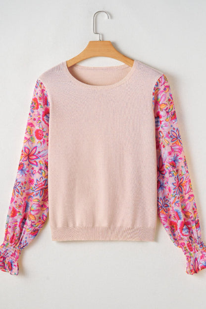 Printed Round Neck Flounce Sleeve Sweater