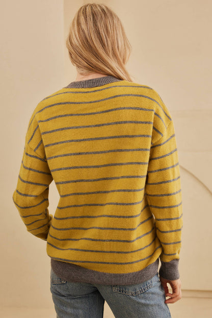 Flower Stripe Round Neck Long Sleeve Sweater