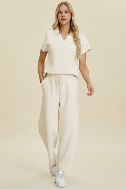 Double Take Full Size Collared Neck Short Sleeve Top and Pants Set