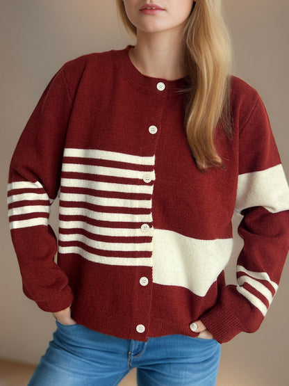 Striped Color Block Round Neck Cardigan