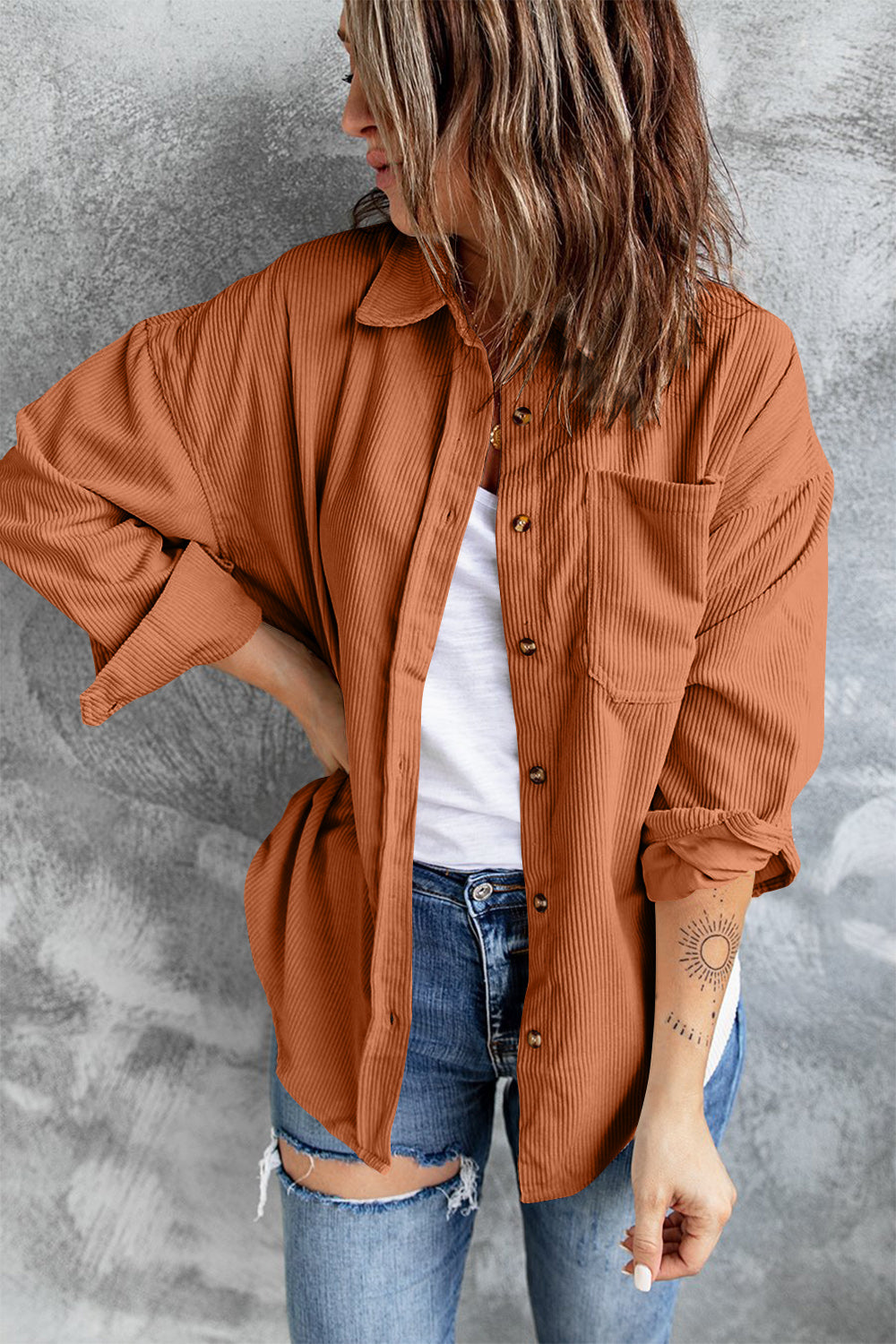 Collared Neck Button Up Dropped Shoulder Shacket