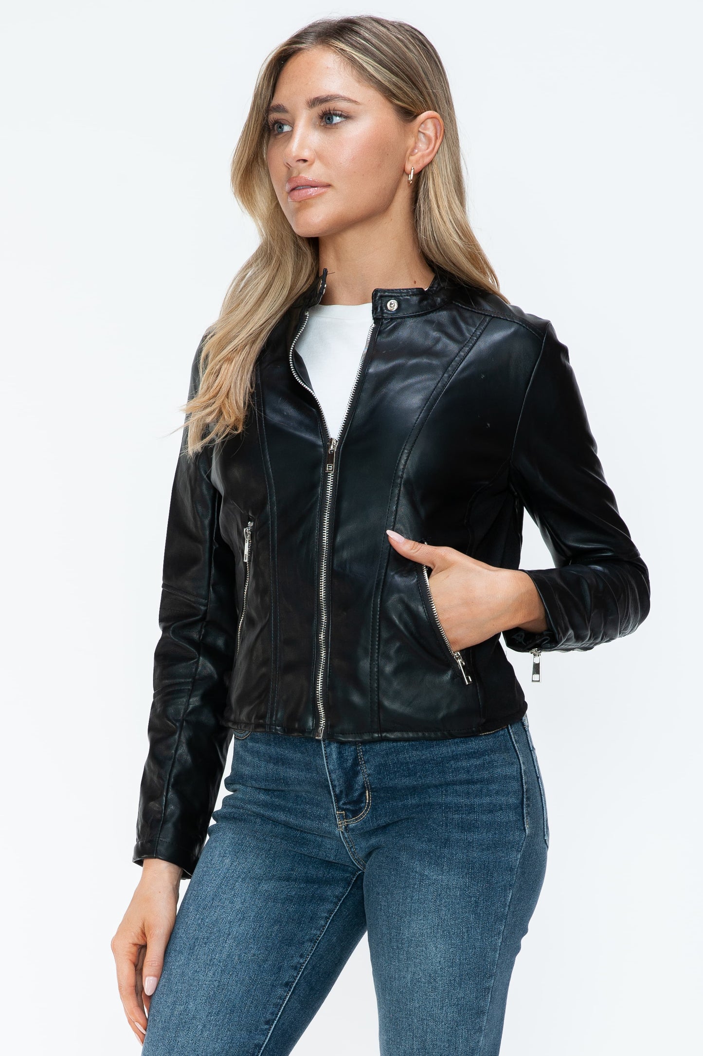 Snobbish PU Leather Zip Up Jacket with Pockets